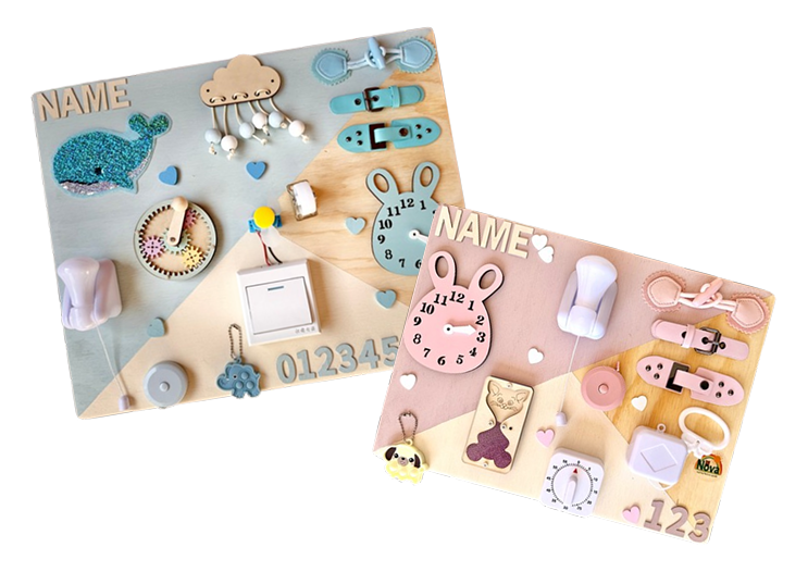 Montessori busyboard with sensory toys for children